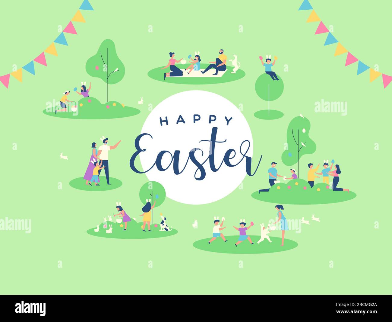 Frohe Ostern Grußkarte Illustration von lustigen Menschen, die Familienaktivitäten machen und gemeinsam auf dem Außenpark Eierjagd gehen. Festliches Frühlingsferienevent desi Stock Vektor