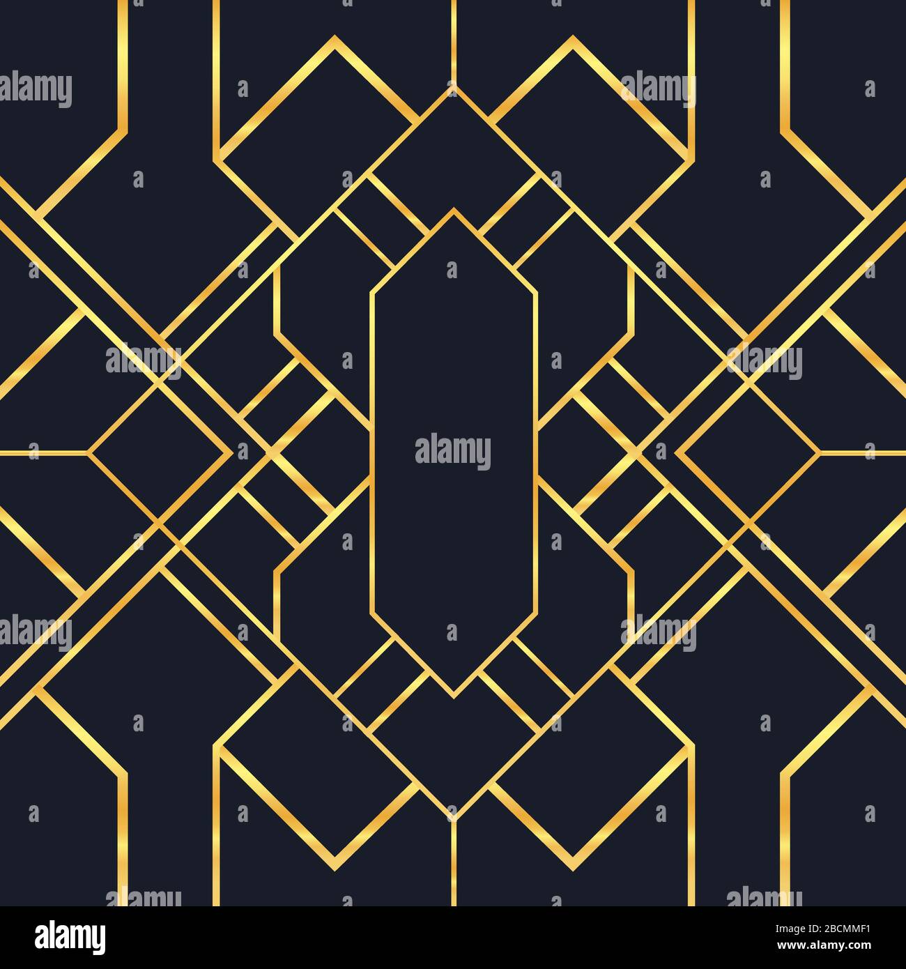 Goldfarbenes Deko-Design im Vintage-Stil mit nahtlosem Muster und Retro-Schmuck. Luxuriöser abstrakter Hintergrund in goldener und schwarzer Farbe. Klassische geometrische Textu Stock Vektor