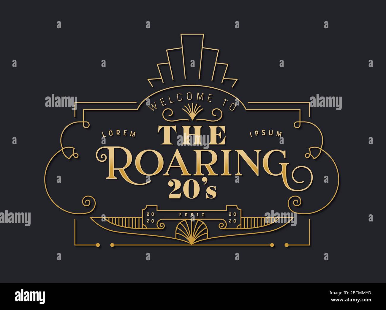 Die 20-er-Hintergrundvorlage im Art-Deco-Stil. Goldener und schwarzer Retro-Rahmen mit traditioneller geometrischer Liniendekoration, Textzitat, Orna Stock Vektor