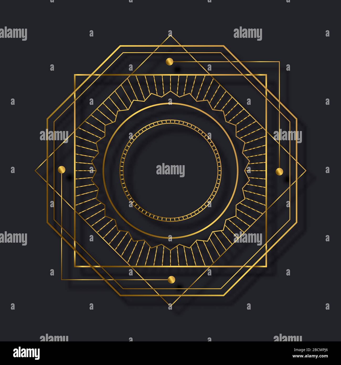 Geometrische Rahmenvorlage im Art-Deco-Stil in Gold- und Schwarztönen. Luxuriöser 3D-Raum mit goldenem Kopienrand und abstrakter Linienverzierung auf isoliert Stock Vektor