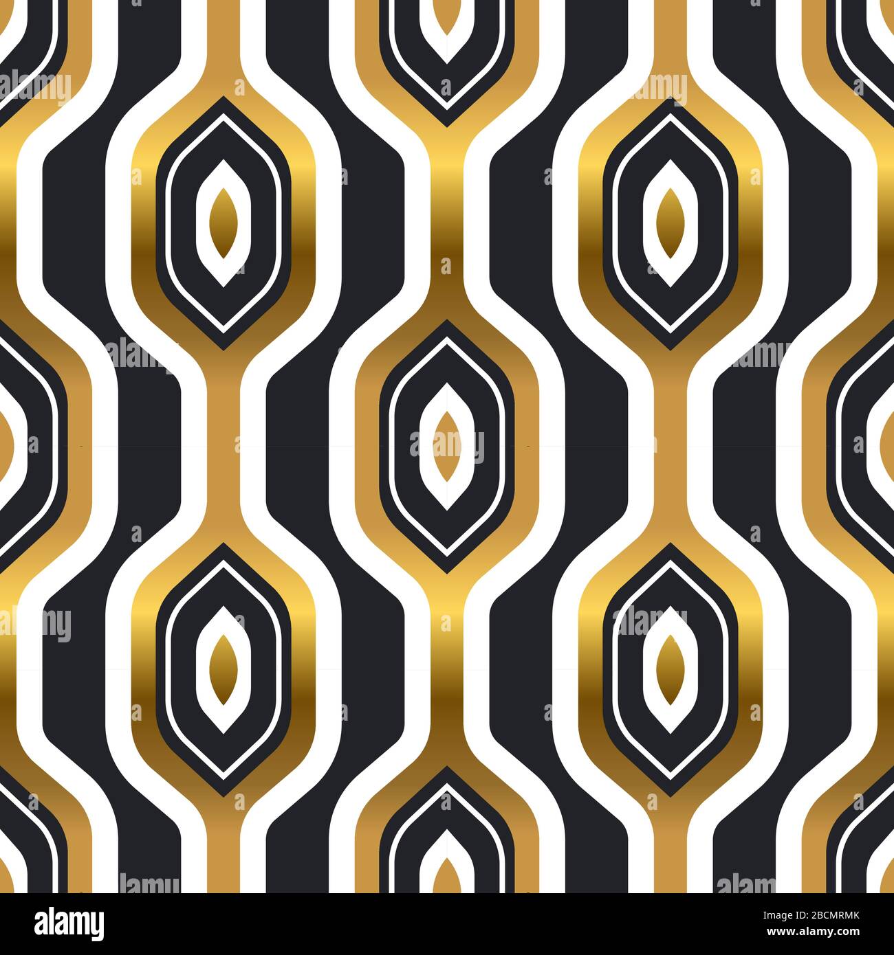 Goldfarbenes Deko-Design im Vintage-Stil mit nahtlosem Muster und Retro-Schmuck. Luxuriöser abstrakter Hintergrund in goldener und schwarzer Farbe. Klassischer geometrischer Fashi Stock Vektor