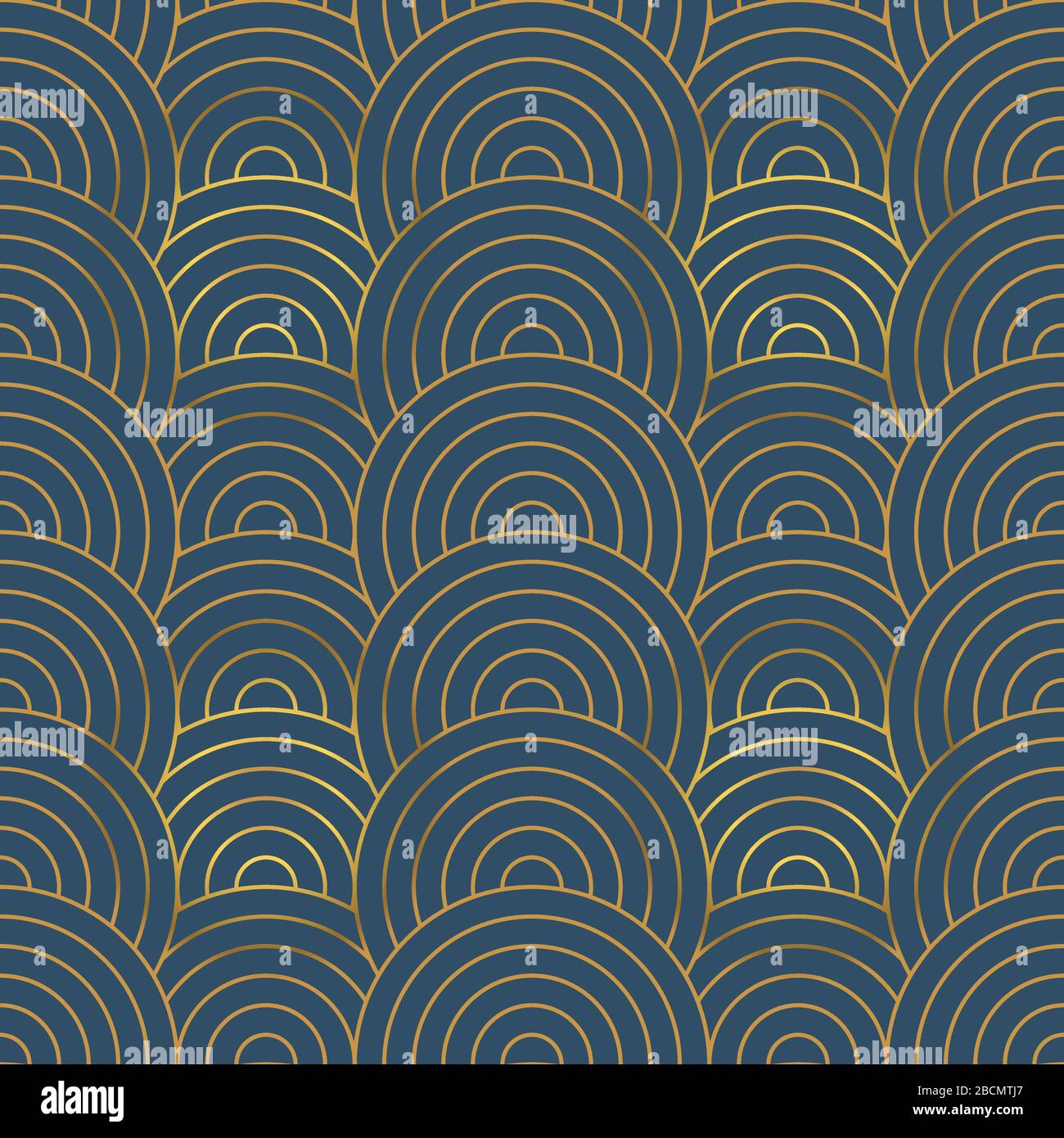 Gold Art Deco Vintage nahtloses Muster mit Retro-Zierdessin. Luxuriöser abstrakter Hintergrund in goldener und blauer Farbe. Klassischer runder Kreislinientext Stock Vektor