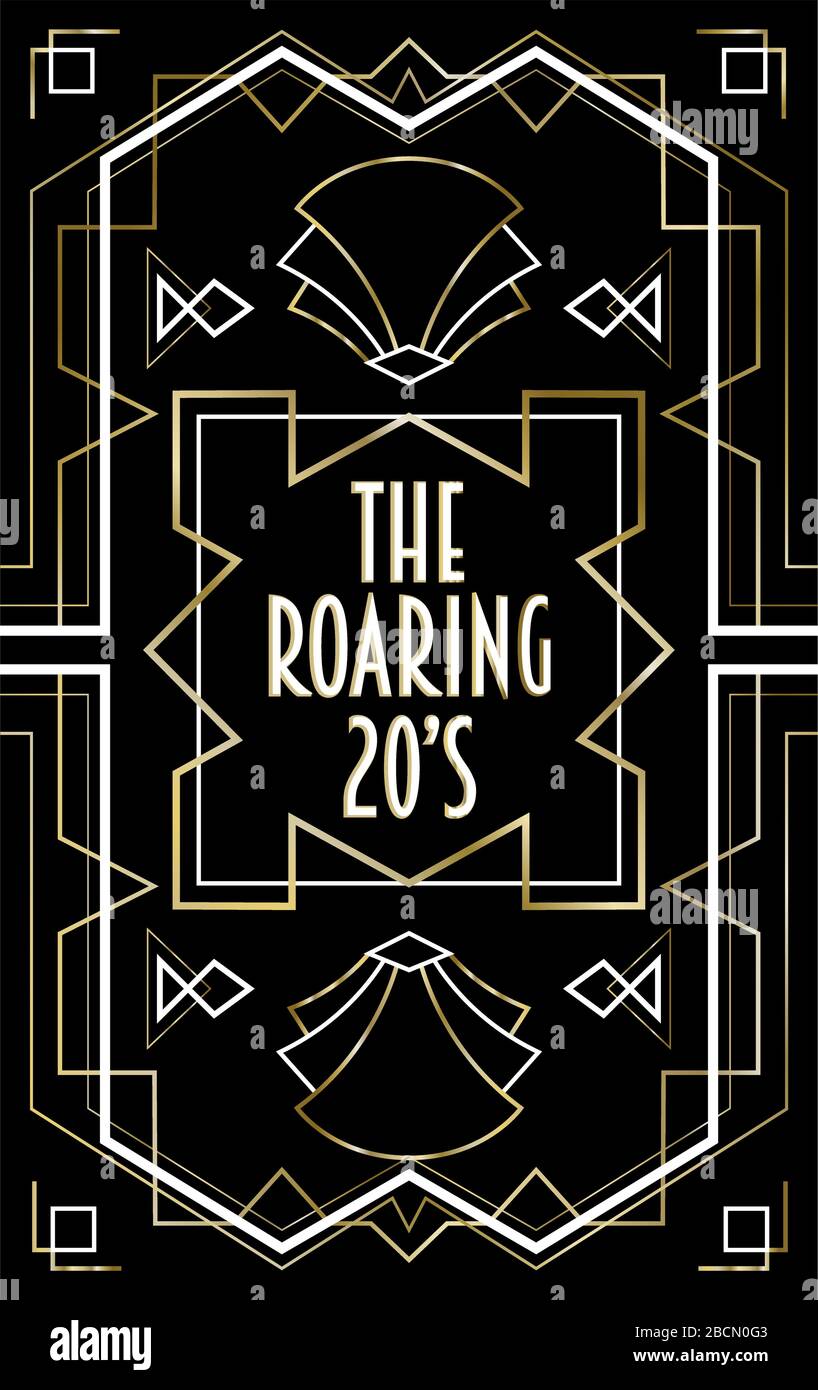 Der stylische 20-er abstrakte Hintergrundrahmen im Art-Deco-Stil. Goldenes und schwarzes Retro-Design mit traditioneller geometrischer Liniendekoration, Textquot Stock Vektor