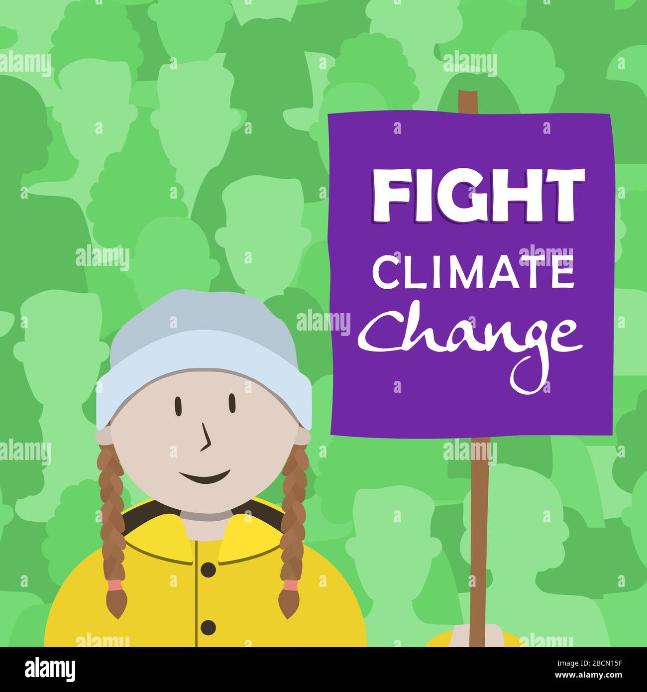 Bekämpfung des Klimawandels Grußkarte Nachricht für die Welt Tag oder Umwelt Pflege Kampagne mit jungen Mädchen mit Aktivisten-Zeichen. Nature Protest Event Konz Stock Vektor