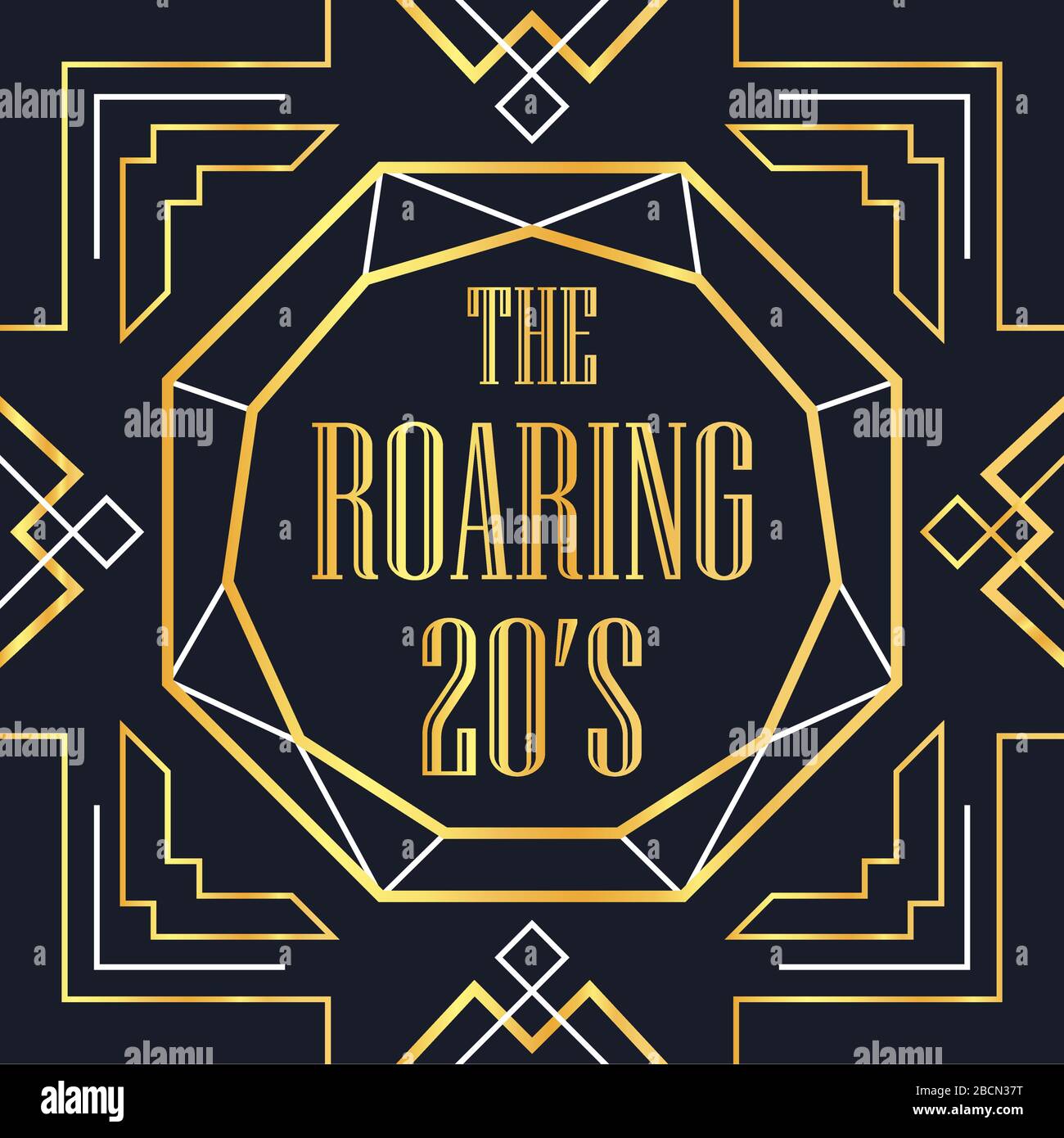 Die 20-er-Hintergrundvorlage im Art-Deco-Stil. Goldener und schwarzer Retro-Rahmen mit traditioneller geometrischer Liniendekoration, Textzitat, Orna Stock Vektor