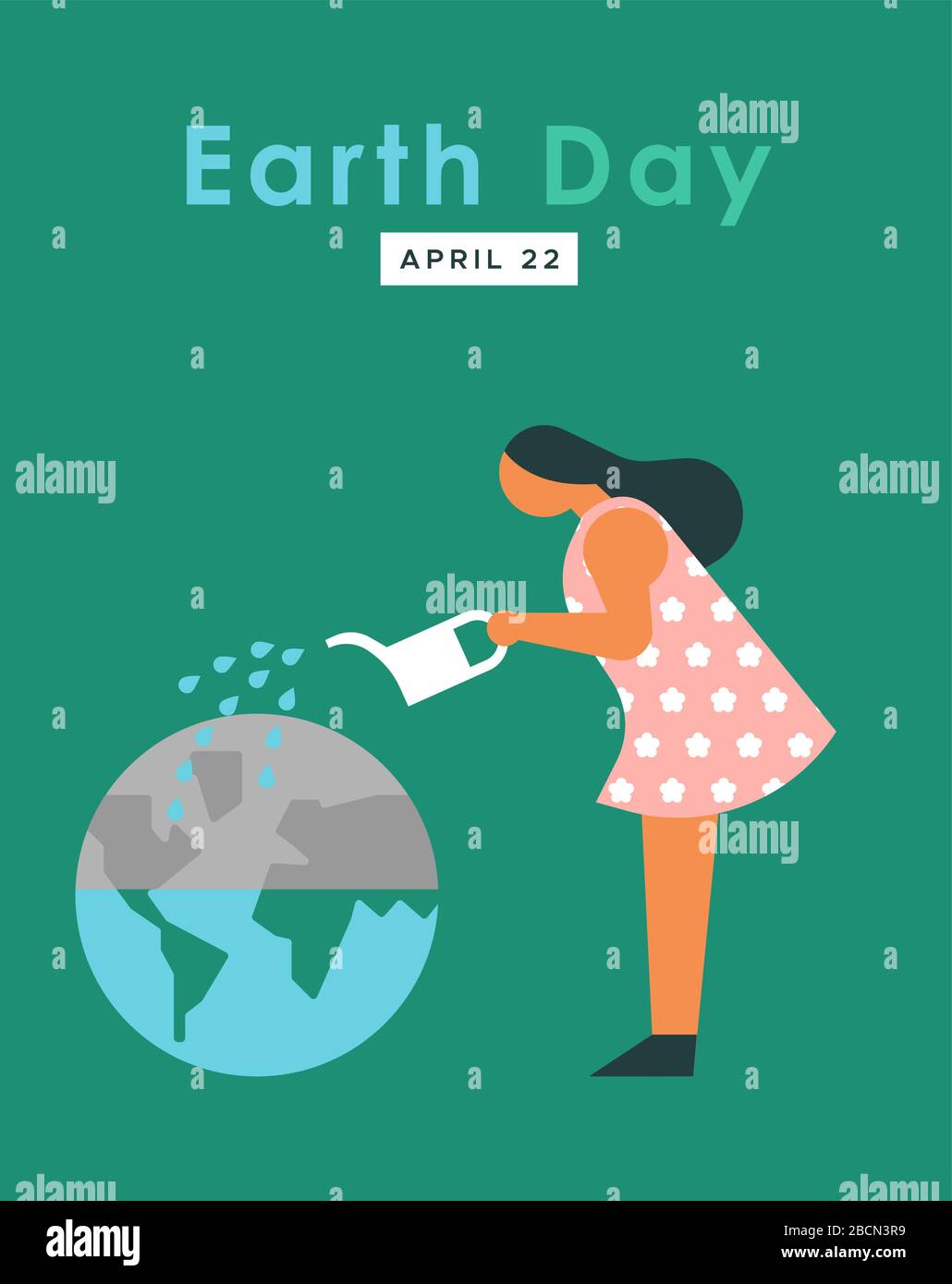 Earth Day Grußkarte Illustration des girls Bewässerplanet für Wasserschutz oder Umwelt helfen Konzept in modernen flachen Cartoon Stil. Stock Vektor