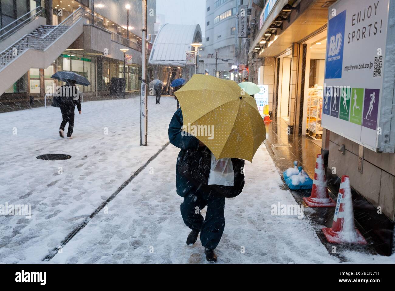 Die Menschen benutzen Regenschirme, wenn sie durch schwere Schneefälle in Fujisawa, Kanagawa, laufen. Japan. Stockfoto
