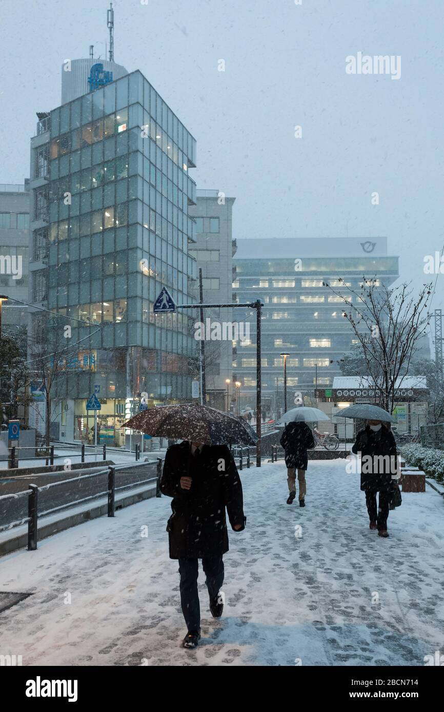 Salarymen, die Regenschirme halten, laufen durch schwere Schneefälle in Fujisawa, Kanagawa. Japan. Stockfoto