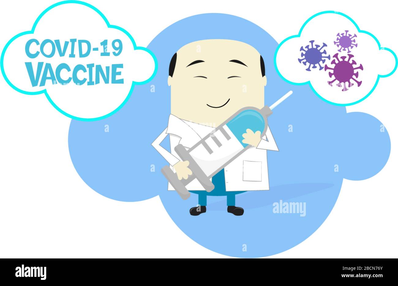 Cartoon-Illustration des asiatischen Wissenschaftlers, der eine große Spritze mit einem Coronavirus Impfstoff hält. Isoliert auf weißem Hintergrund Stock Vektor