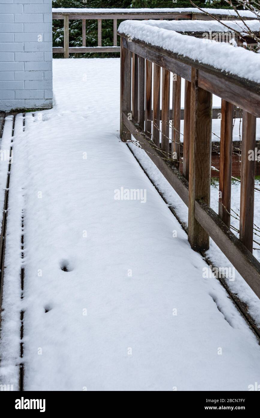Frischer nasser Schnee auf einem Zederndeck, gemauerter Kamin Stockfoto