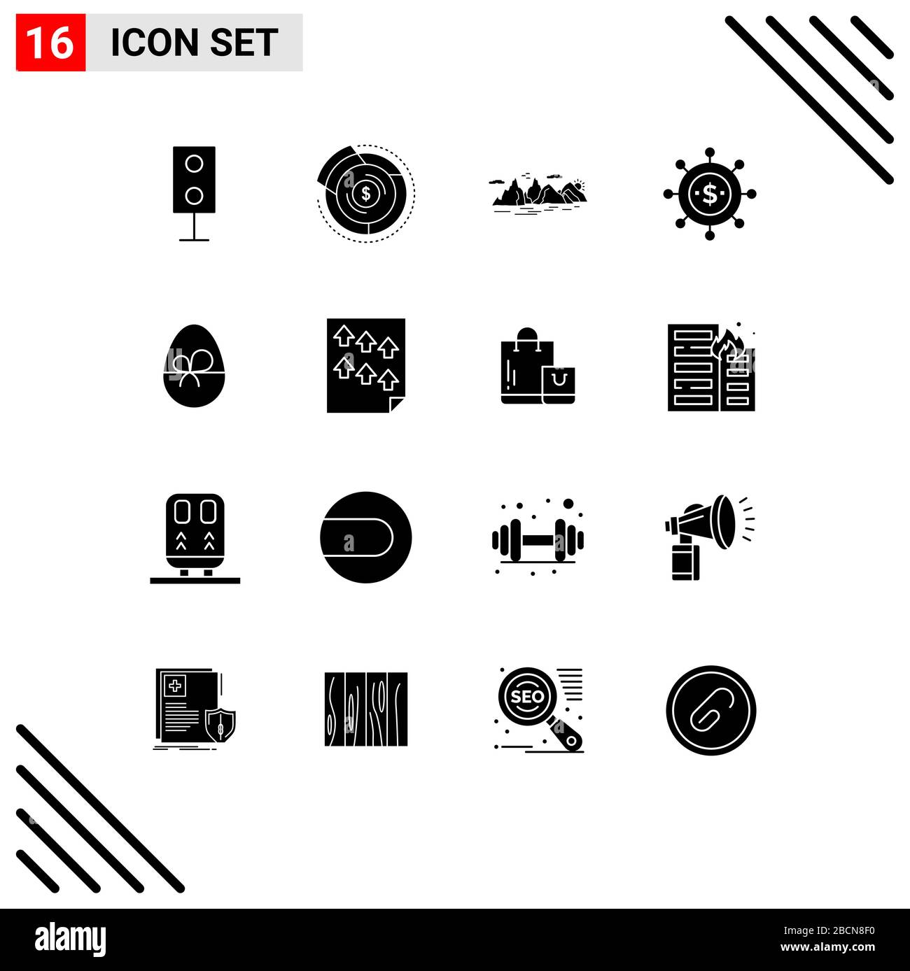 Gruppe von 16 festen Glyphen Zeichen und Symbolen für globale, geschäftliche, finanzielle, Klippen-, Landscape Editable Vector Design-Elemente Stock Vektor