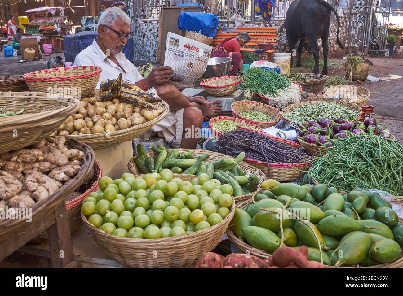 Ein Obst- und Gemüseverkäufer auf dem Bhuleshwar Market, Mumbai, Indien, sitzt umgeben von seinen Waren, die die Marathi-Sprachzeitung Nava Kaal (neue Ära) lesen. Stockfoto