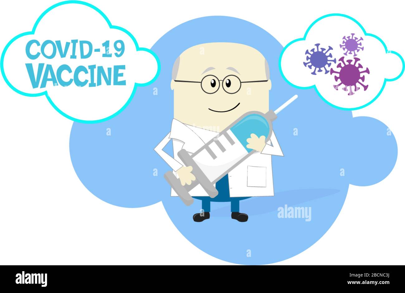 Cartoon-Illustration des glücklichen Wissenschaftlers, der eine große Spritze mit einem Coronavirus Impfstoff hält. Isoliert auf weißem Hintergrund Stock Vektor