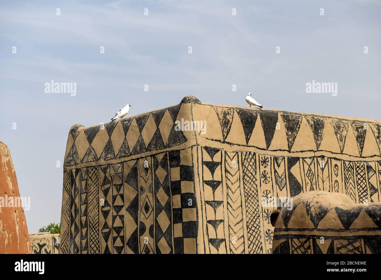 Afrika, Burkina Faso, Region Pô, Tiebele. Stadtansicht des königlichen Hofdorfes in Tiebele. Zwei Vögel sind auf dem Dach des Gebäudes Stockfoto