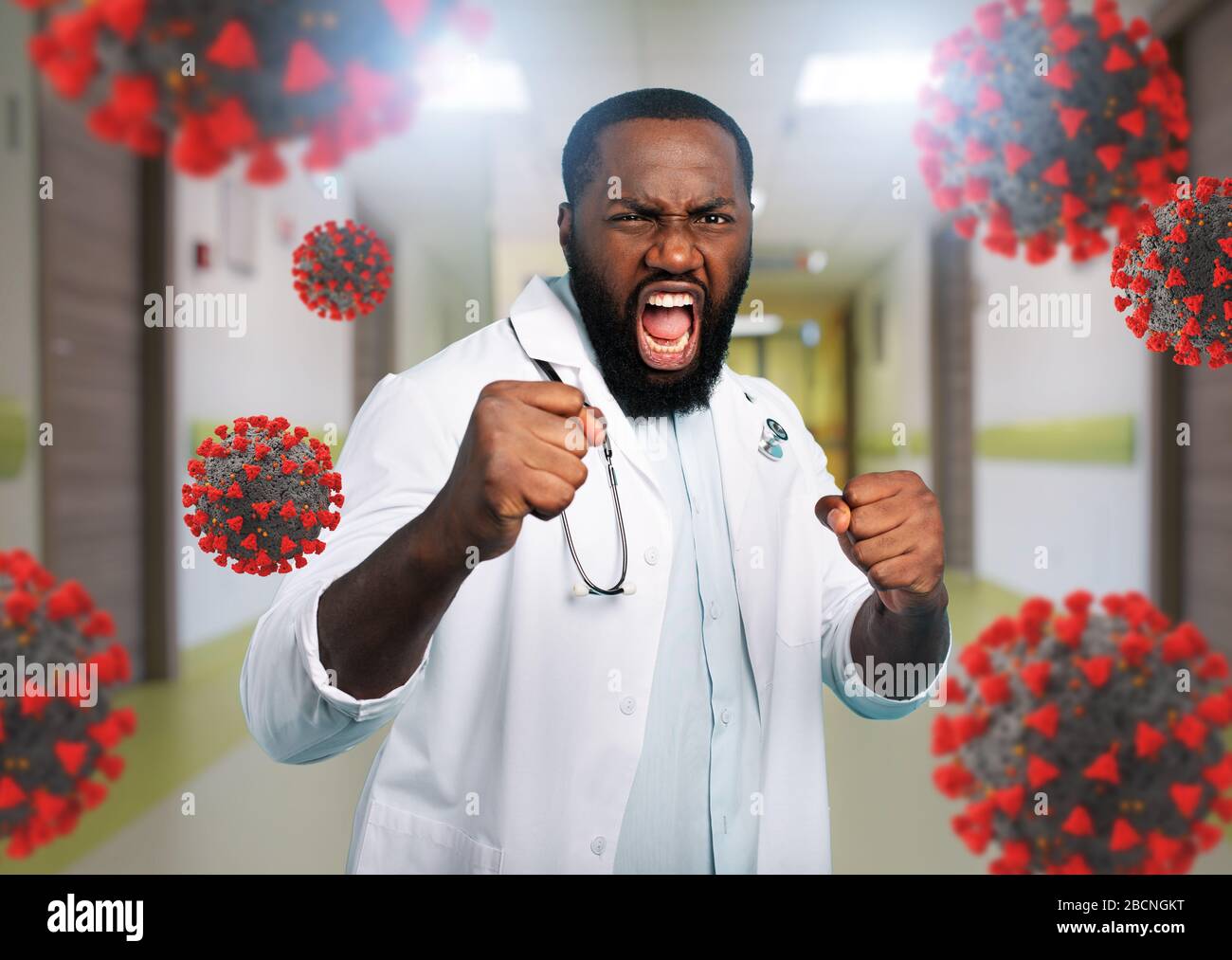 Mutiger medischer Kampf gegen das Kovid-19-Coronavirus. Blauer Hintergrund Stockfoto