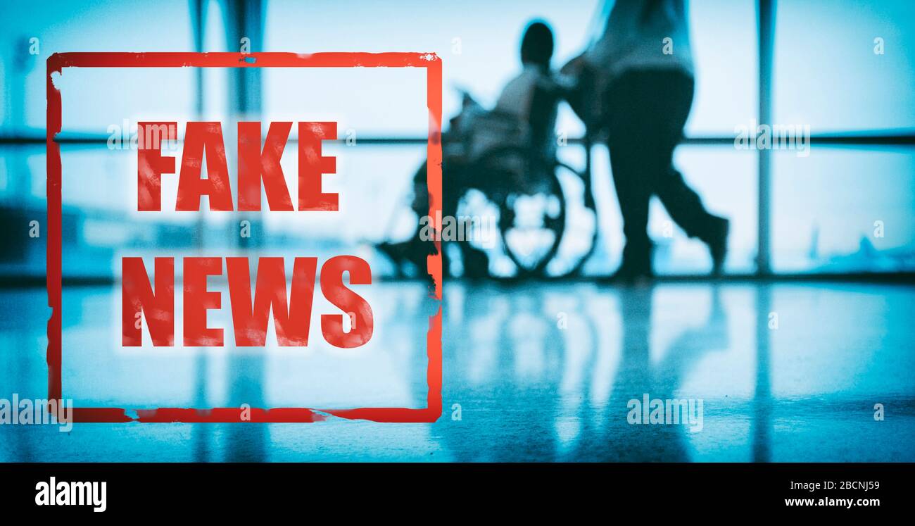 Fake News Banner Plakat auf blauem medizinischen Hintergrund für COVID-19 Pandemie. Coronavirus Ausbruch Informationen Nachrichten auf den sozialen Medien über den Ausnahmezustand. Stockfoto