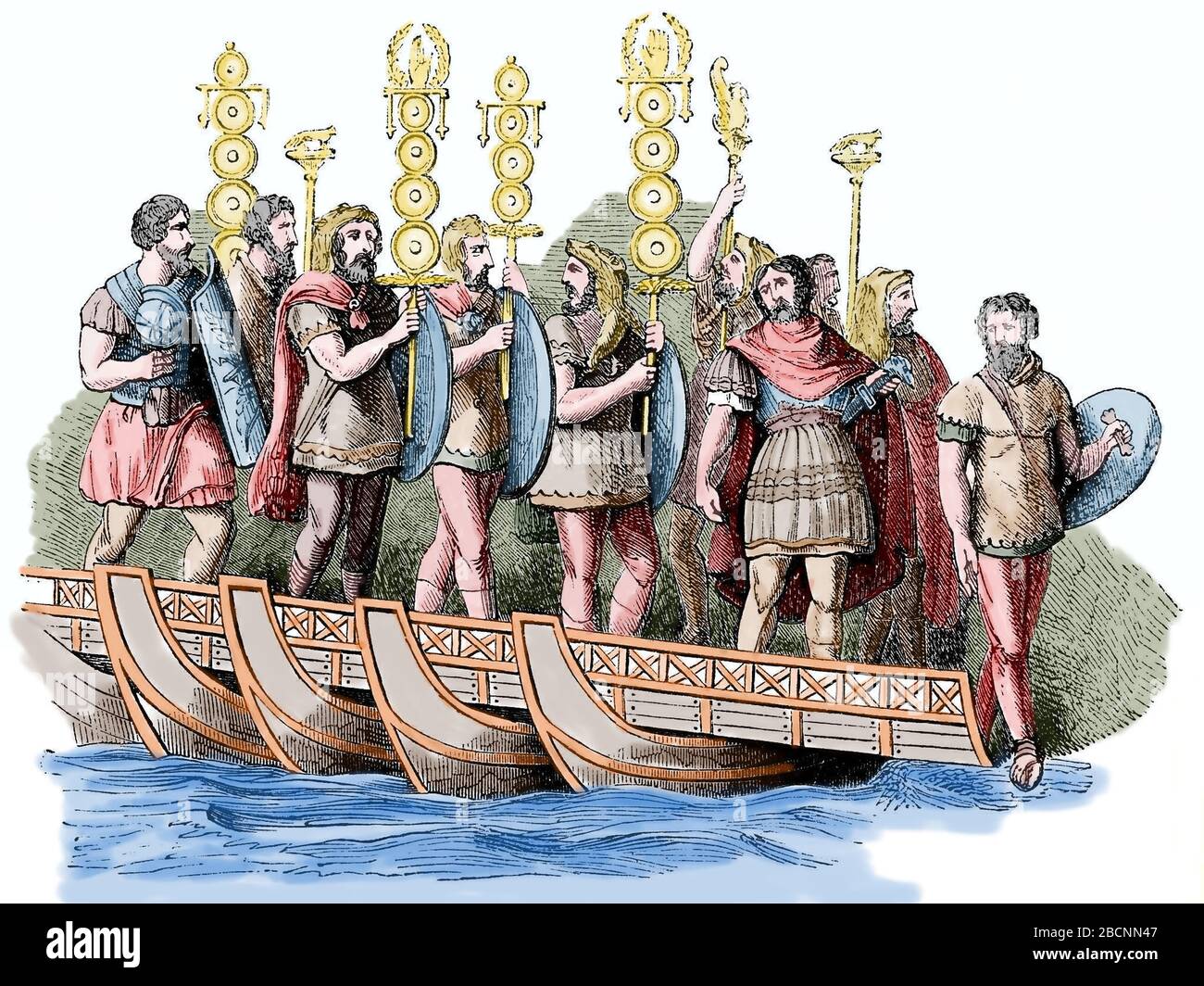 Römisches Reich. Legionen. Aquilifer und Signifer. Gravur. Farbe. Jahrhundert. Stockfoto