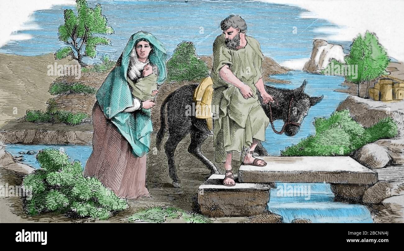 Neues Testamente. Flug nach Ägypten. Gravur. Heilige Bibel, 19. Jahrhundert. Stockfoto