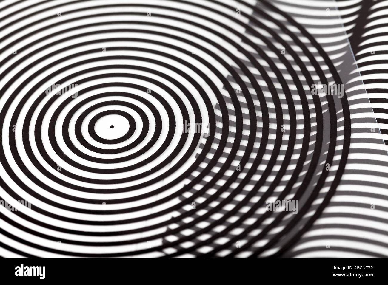 Optische Täuschungen, Schimanimation, Barriere-Grid-Animation einfache Folienfolien abstrakte kunstlose transparente Objektträger, geometrische Formen kreisförmiges Muster, Schwarzweiß Stockfoto