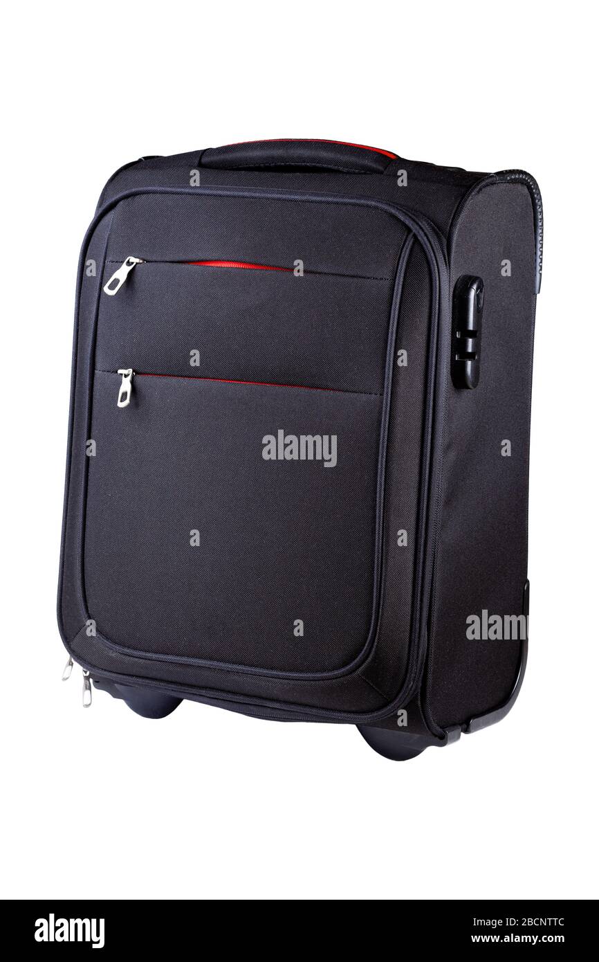 Eine kleine schwarze Reisetasche mit Radobjekt isoliert auf weißem Hintergrund, ausgeschnitten. Lässige, elegante Reisetasche mit Reißverschluss vorne, Tragetasche Stockfoto