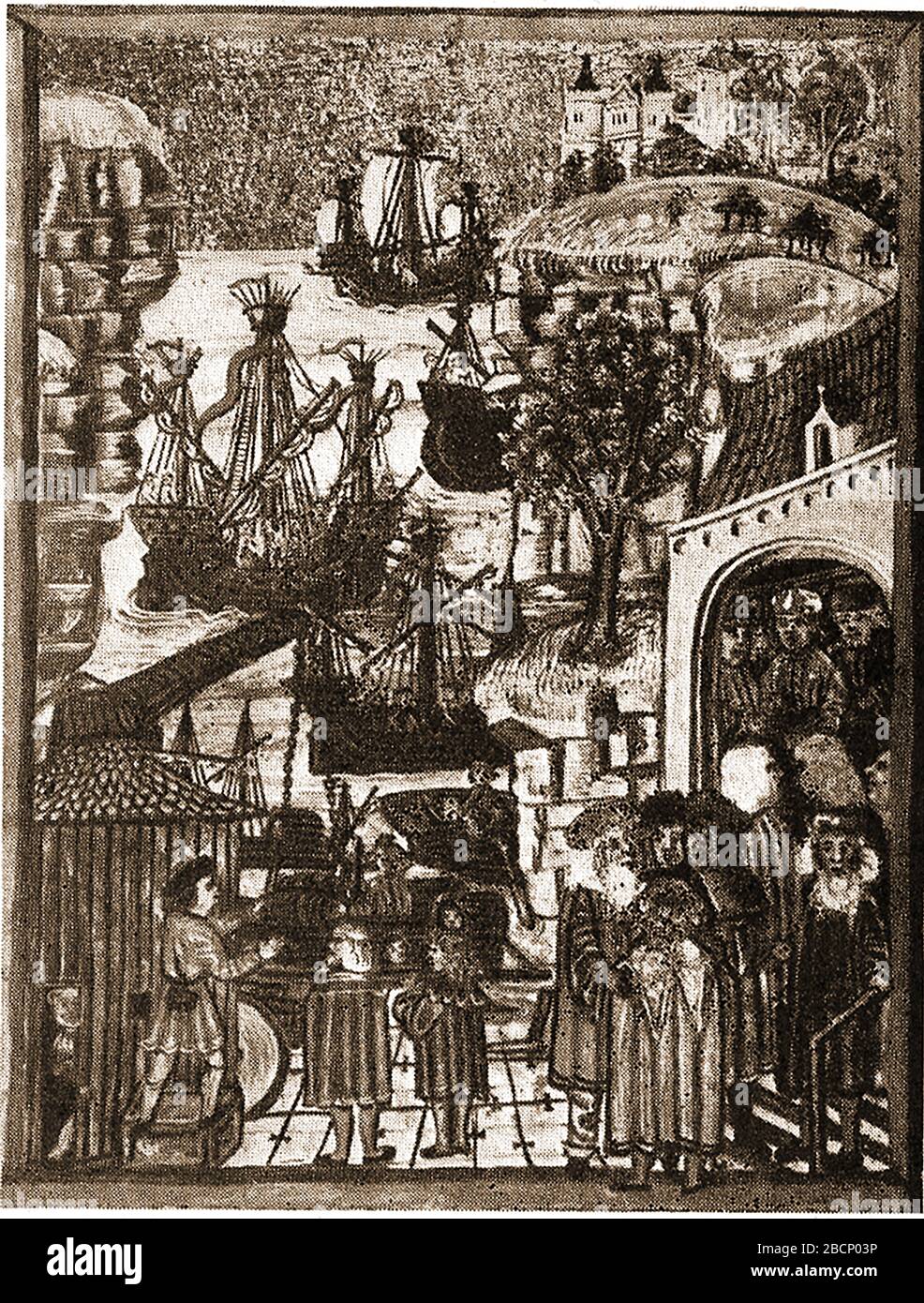 Illustration aus dem 15. Jahrhundert - HANSA HAT HANDELSLEUTE der Hanse bei HAMBURG. Hanse rief später als Hansa an,[3] war das althochdeutsche Wort für einen Konvoi von Händlern auf Land oder auf See. Stockfoto