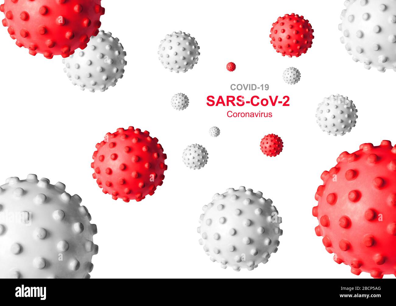 COVID-19-Coronavirus-Banner, 3D-Abbildung. Aufschrift SARS-COV-2 Coronavirus und Keime auf weißem Hintergrund. Globaler Ausbruch des neuartigen Corona-Virus. Po Stockfoto