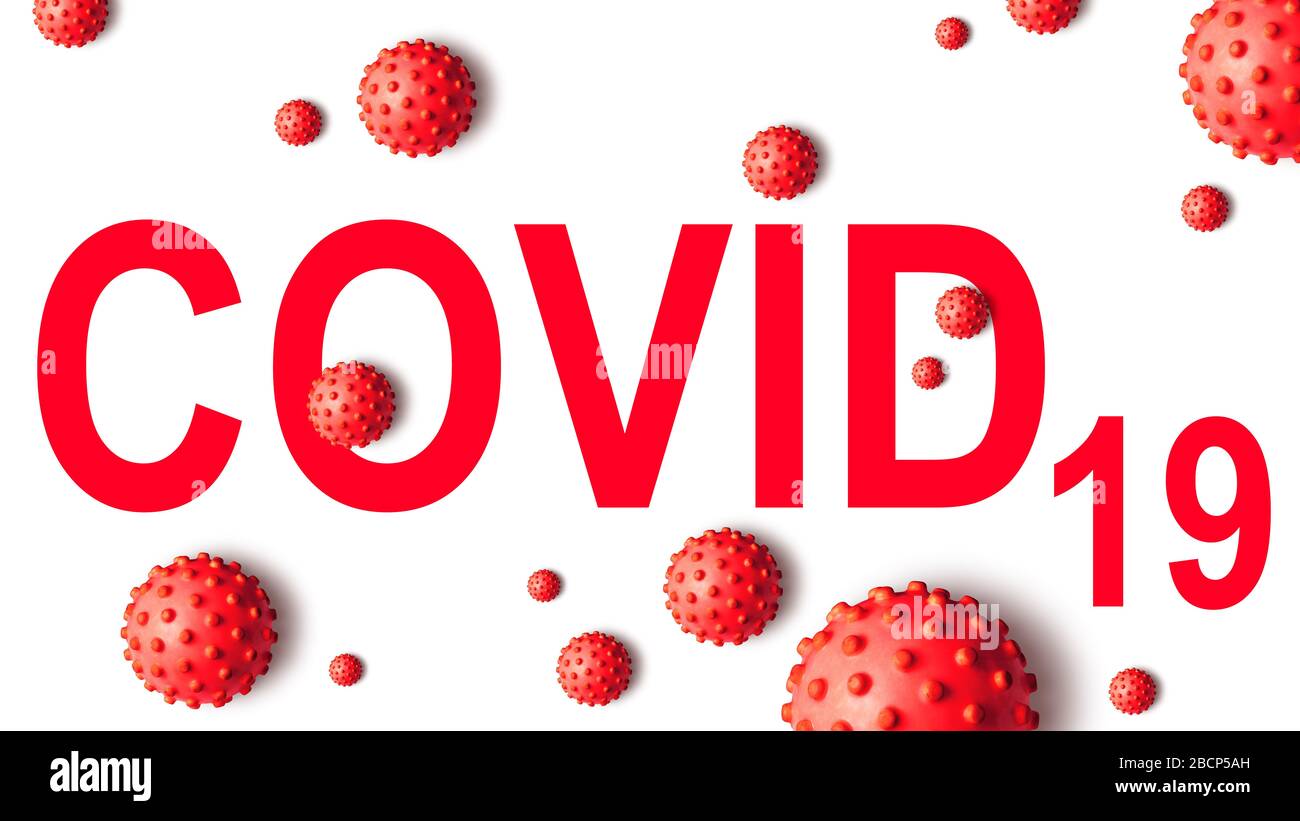COVID-19-Coronavirus-Banner, 3D-Abbildung. Beschriftung COVID und rote Keime isoliert auf weißem Hintergrund. Globaler Ausbruch des SARS-COV-2-Corona-Virus. P Stockfoto