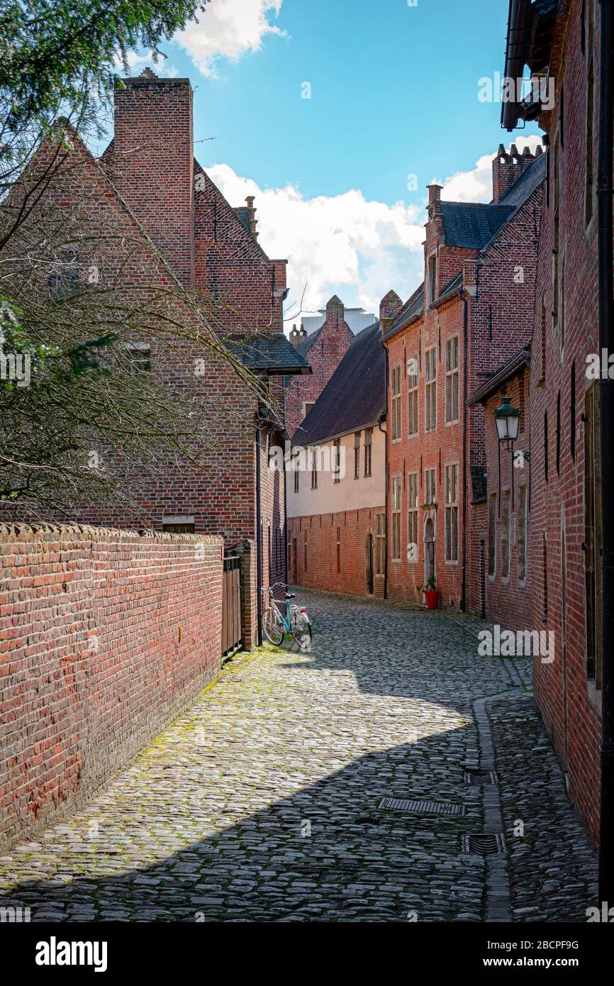 Leere Kopfsteinpflasterstraßen mit roten Ziegelsteinbauten aus der großen Leguine von Leuven, Belgien, an einem sonnigen Tag. Reisekonzept. Stockfoto