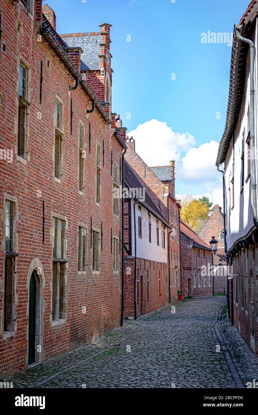 Leere Kopfsteinpflasterstraßen mit roten Ziegelsteinbauten aus der großen Leguine von Leuven, Belgien, an einem sonnigen Tag. Reisekonzept. Stockfoto