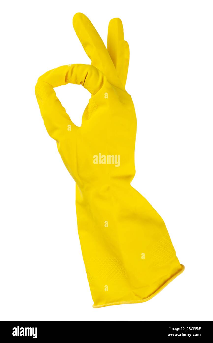 Gelbe Gummihandschuhe zur Reinigung, Arbeitshauskonzept. Symbol OK. Datei enthält Beschneidungspfad. Stockfoto