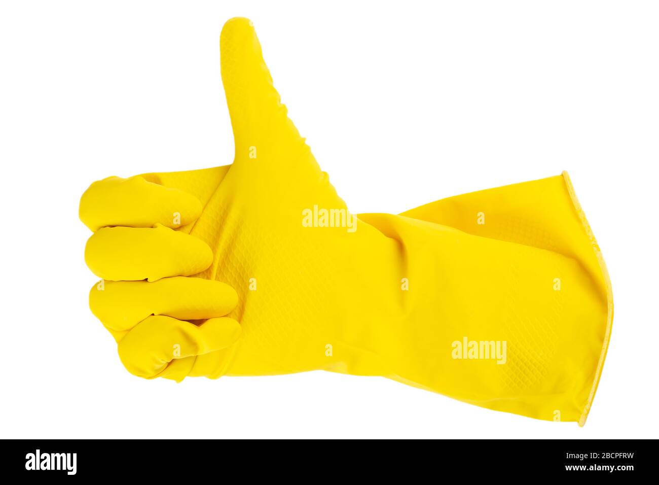 Gelbe Gummihandschuhe zur Reinigung, Arbeitshauskonzept. Symbol OK. Datei enthält Beschneidungspfad. Stockfoto