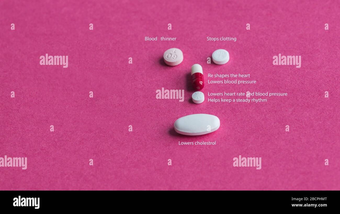 Fünf verschiedene Herztabletten, die in Form eines Gesichts auf einem roten Hintergrund platziert wurden, mit den eingegebenen Wörtern, die die Wirkung jedes Tabletts in Weiß beschreiben. Stockfoto