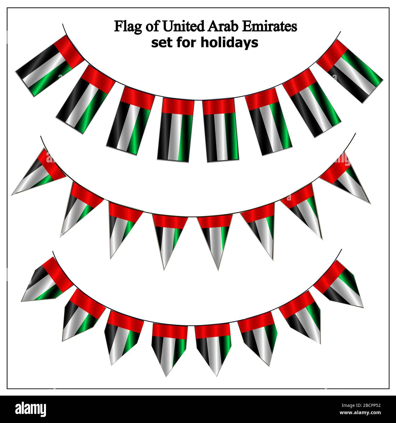 Helles Set mit Flagge arabischer Emirate. Tagesfahnen der "Happy Arab Emirates". Bunte Kollektion mit Fahne. Abbildung mit weißem Hintergrund. Stockfoto