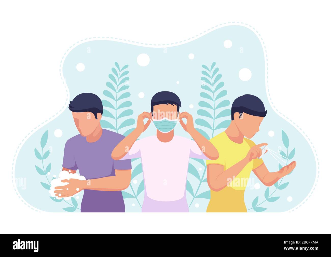Personen, die eine Gesichtsmaske tragen - Hände waschen und mit Alkoholspray gegen COVID-19-Virus oder Coronavirus-Vorbeugung desinfizieren. COVID-19-Virus oder Coronavirus Stock Vektor