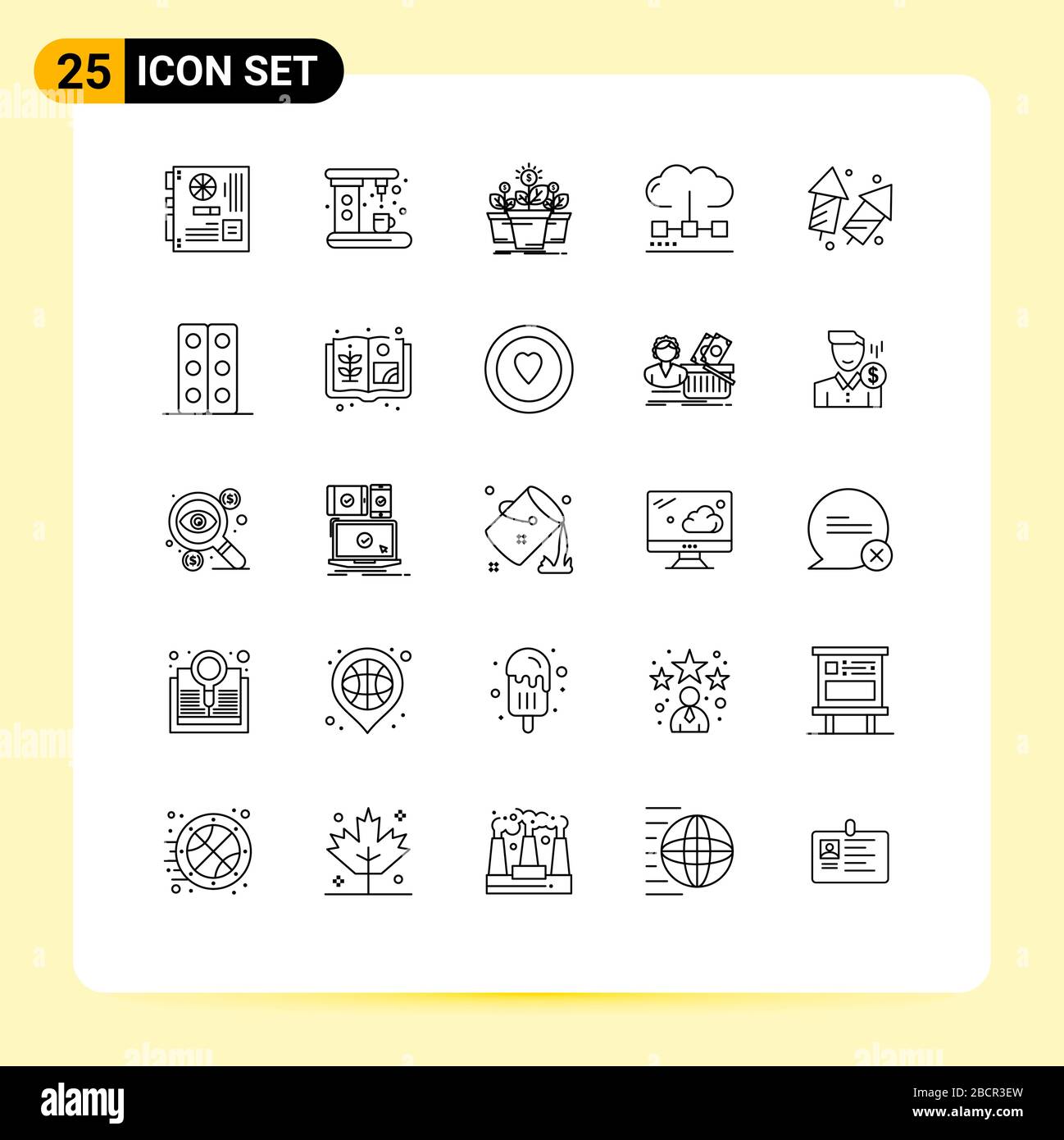 Satz von 25 modernen UI-Symbolen Symbole Zeichen für Medien, Computing, Hersteller, Cloud, Pot editierbare Vektordesignelemente Stock Vektor
