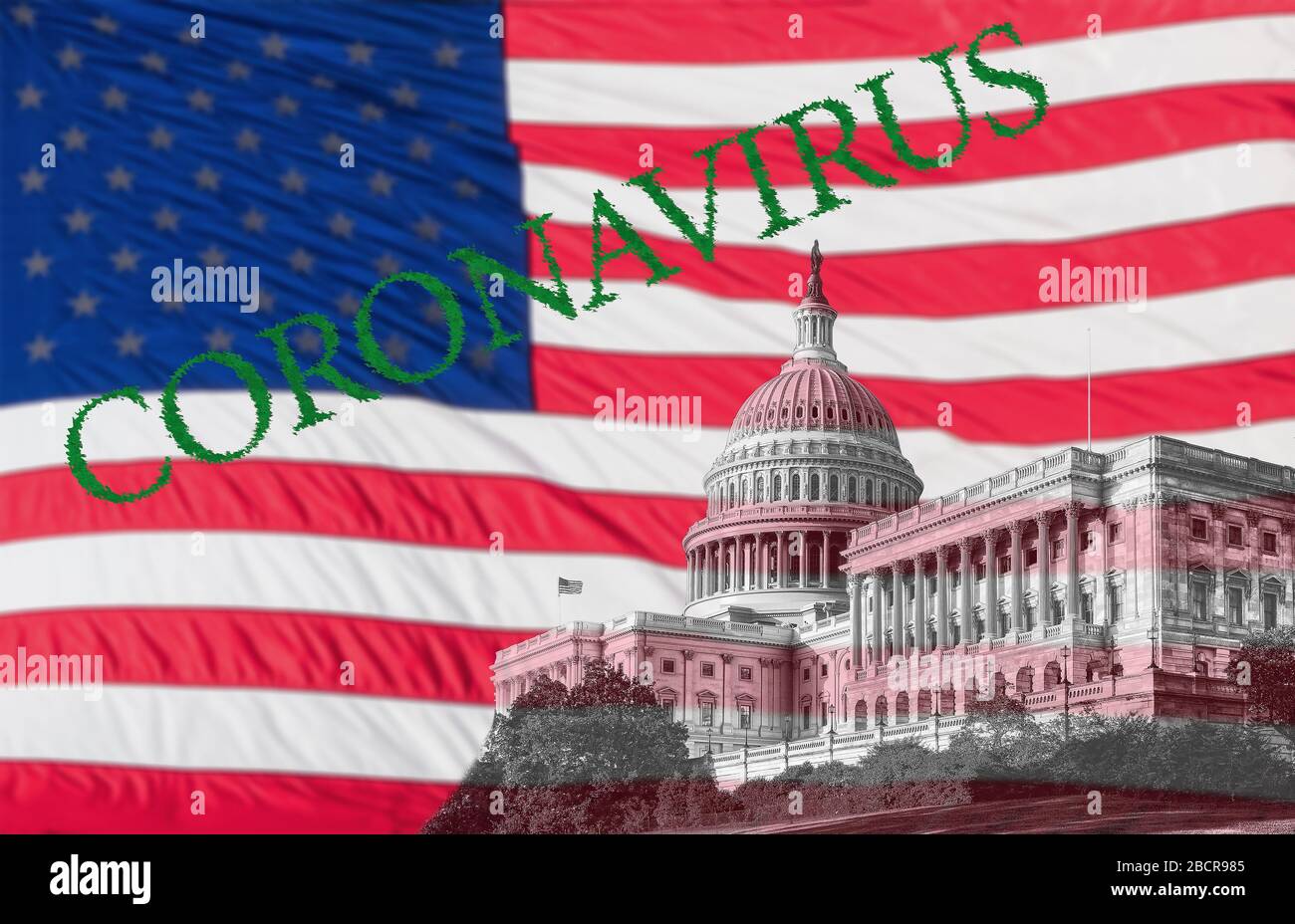 Coronavirus Illustration des Kapitolgebäudes und der US-Flagge Stockfoto