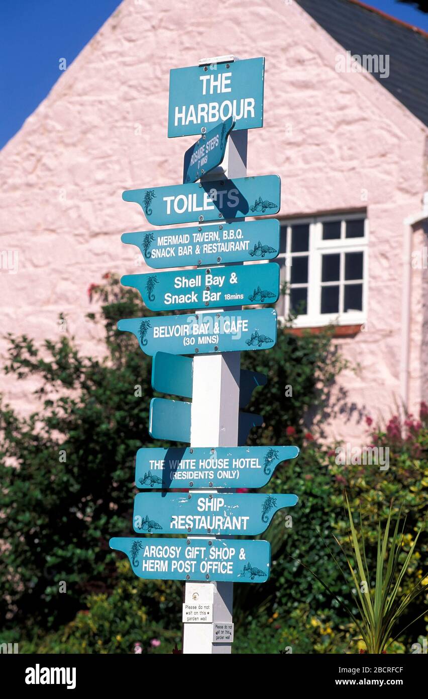 Straßenschild, Herm Island, Kanalinseln, Vereinigtes Königreich, Europa Stockfoto