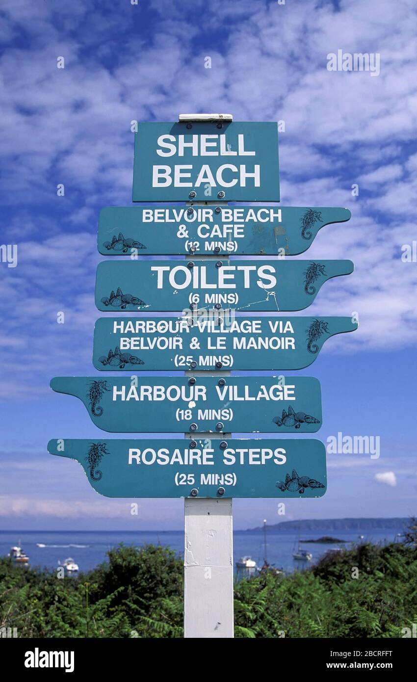 Straßenschild nach Shell Beach, Herm Island, Channel Islands, Großbritannien, Europa Stockfoto