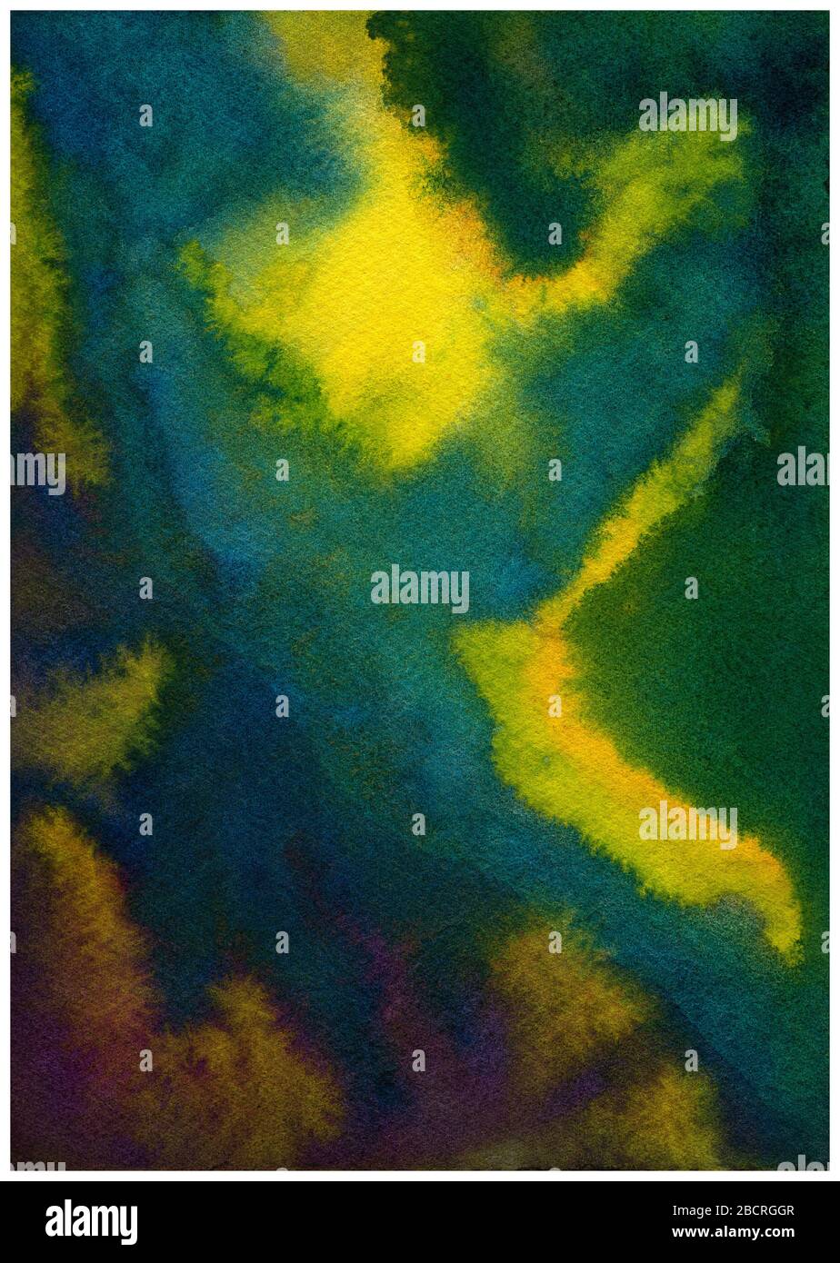 Grunge Papierhintergrund in dunklen Farbtönen mit blauem, violettem, grünem und gelbem, abstraktem Aquarellhintergrund Stockfoto