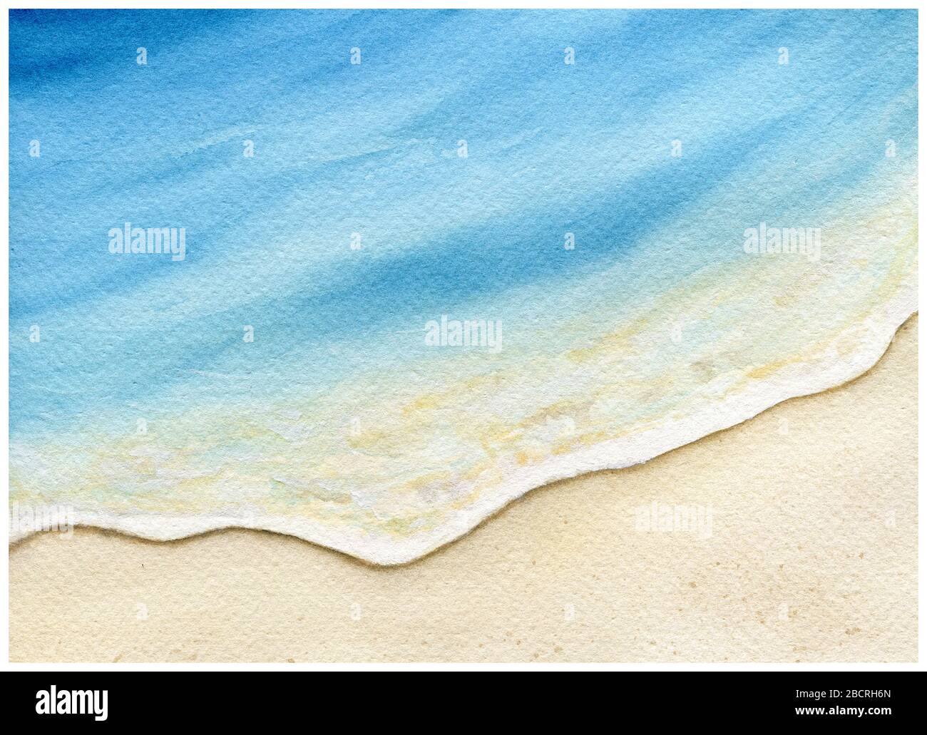 Aquarell Strand Malgrund, goldener Sand und blaues Meerwasser im Sommer, Aquarell Strandszene, Stockfoto