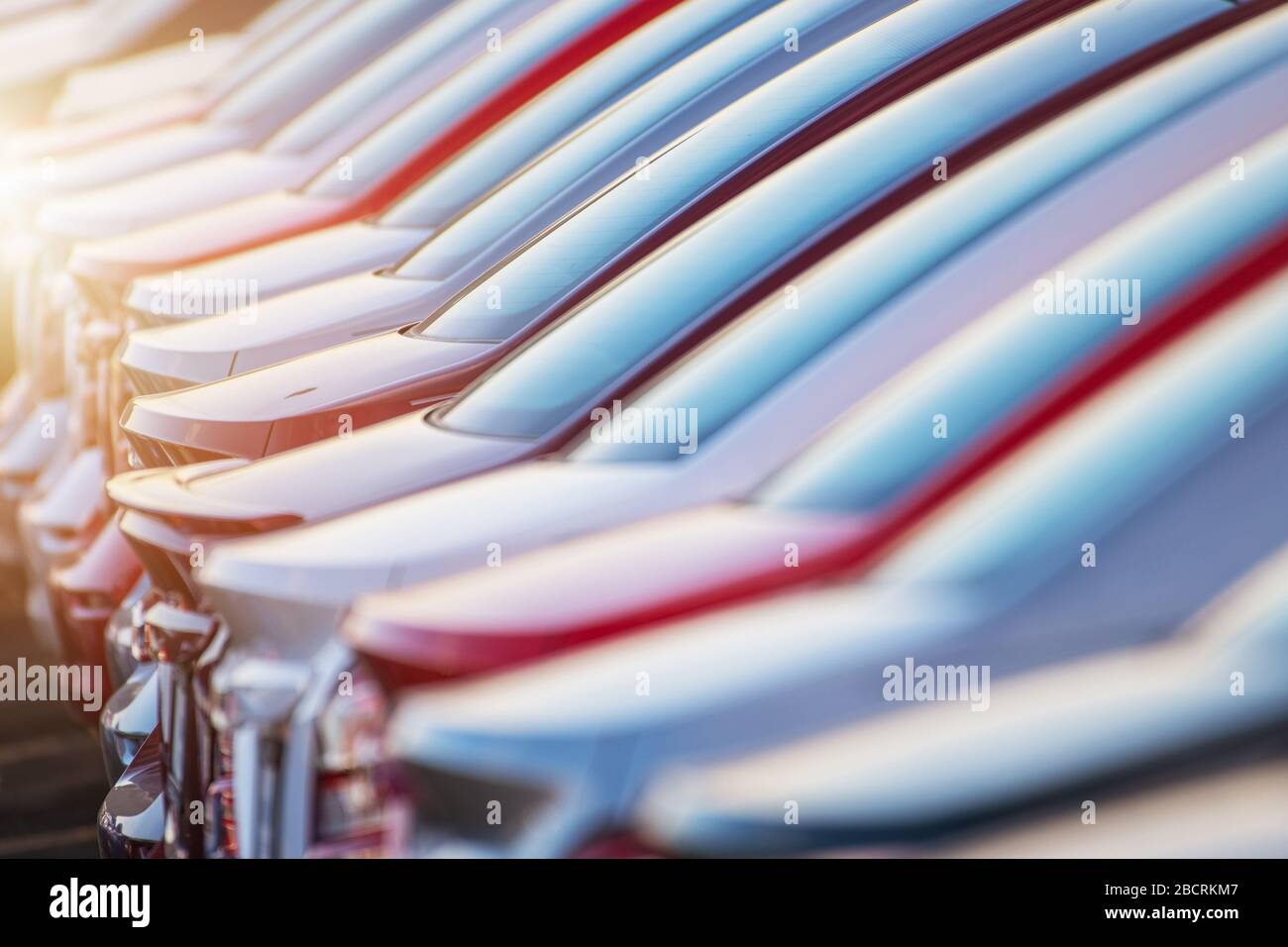 Fahrzeugkonzept. Neuwagen Händler Verkauf. Serie von Neufahrzeugen mit Markenbezeichnung auf einem Händlerlos. Stockfoto