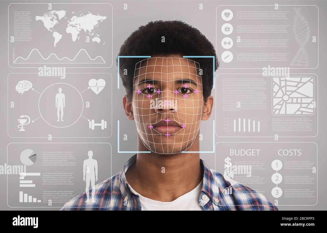 Biometrische Infosammlung. Identitätsüberprüfung von afroamerikanischem Typ, digitale Daten auf virtuellem Bildschirm, Collage Stockfoto