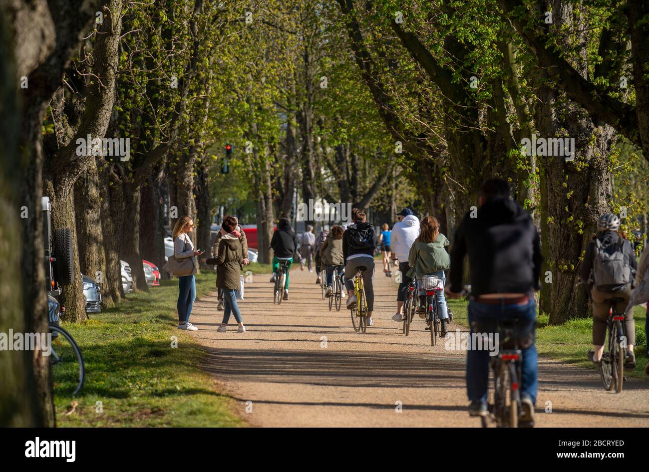 DŸsseldorf am Rhein während der Koronakrise werden die Kontaktverbote, das halten der Distanz, trotz vieler Wanderer in schöner Spr, meist eingehalten Stockfoto