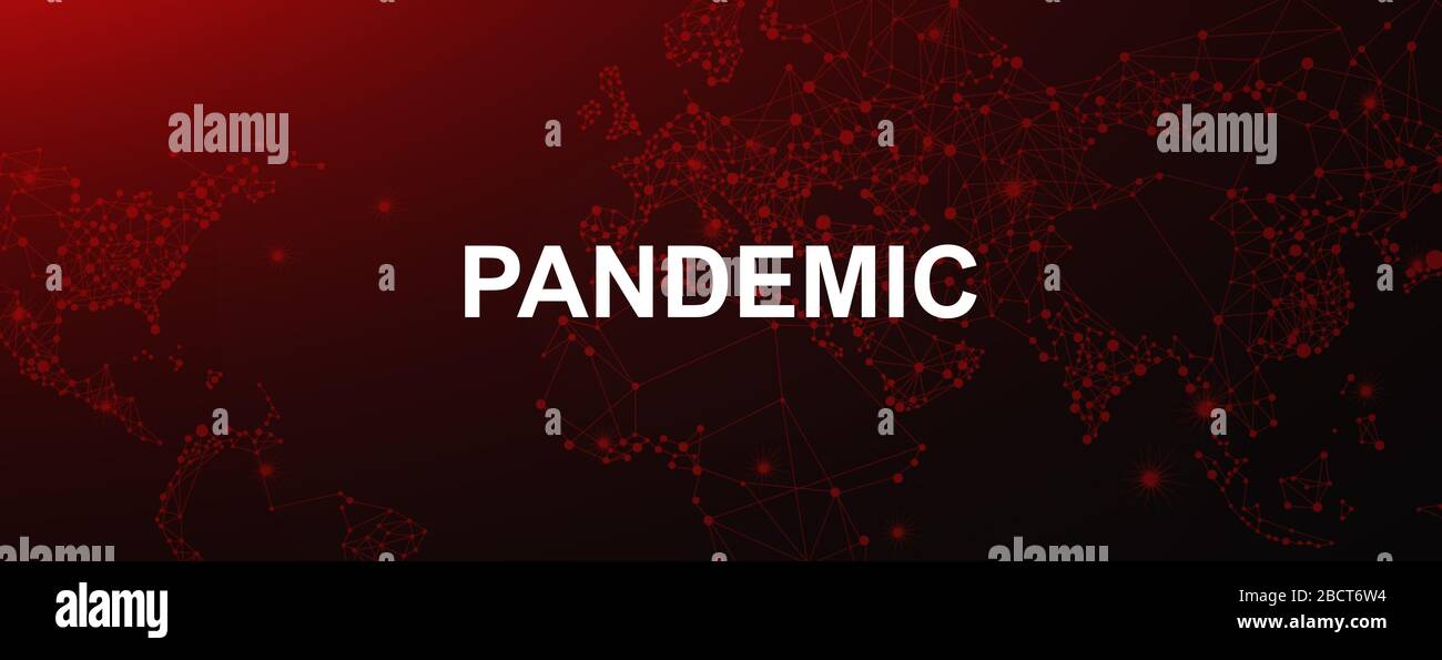 Ansteckender Krankheitsausbruch. Abbildung mit Wort PANDEMIE auf dunkelrotem Hintergrund, Panorama Stockfoto