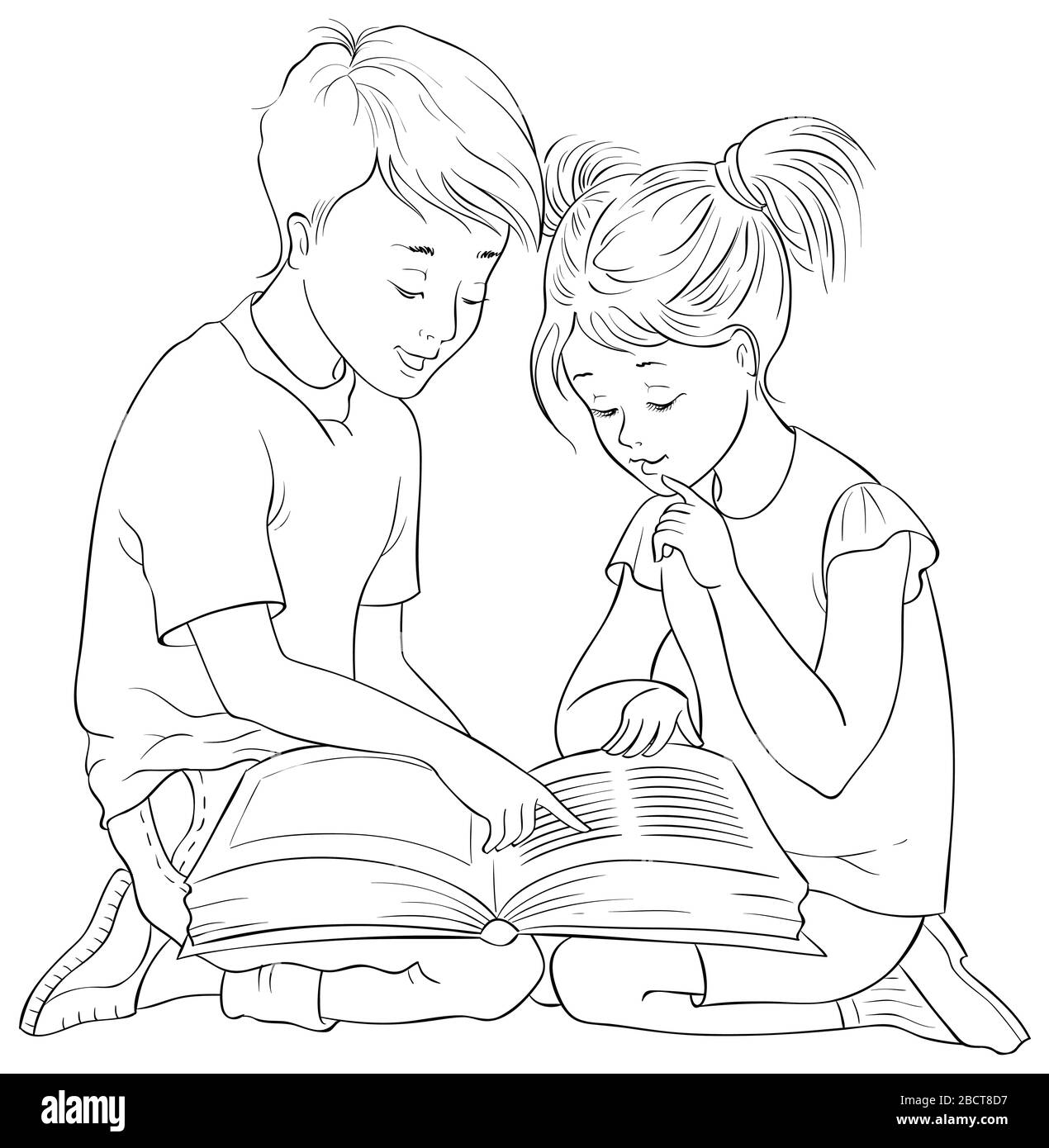 Kinder lesen das Buch. Cartoon-Farbseite Stockfoto