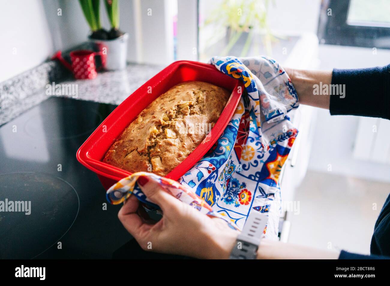 Eine Frau legt einen Kuchen in den Ofen Stockfoto