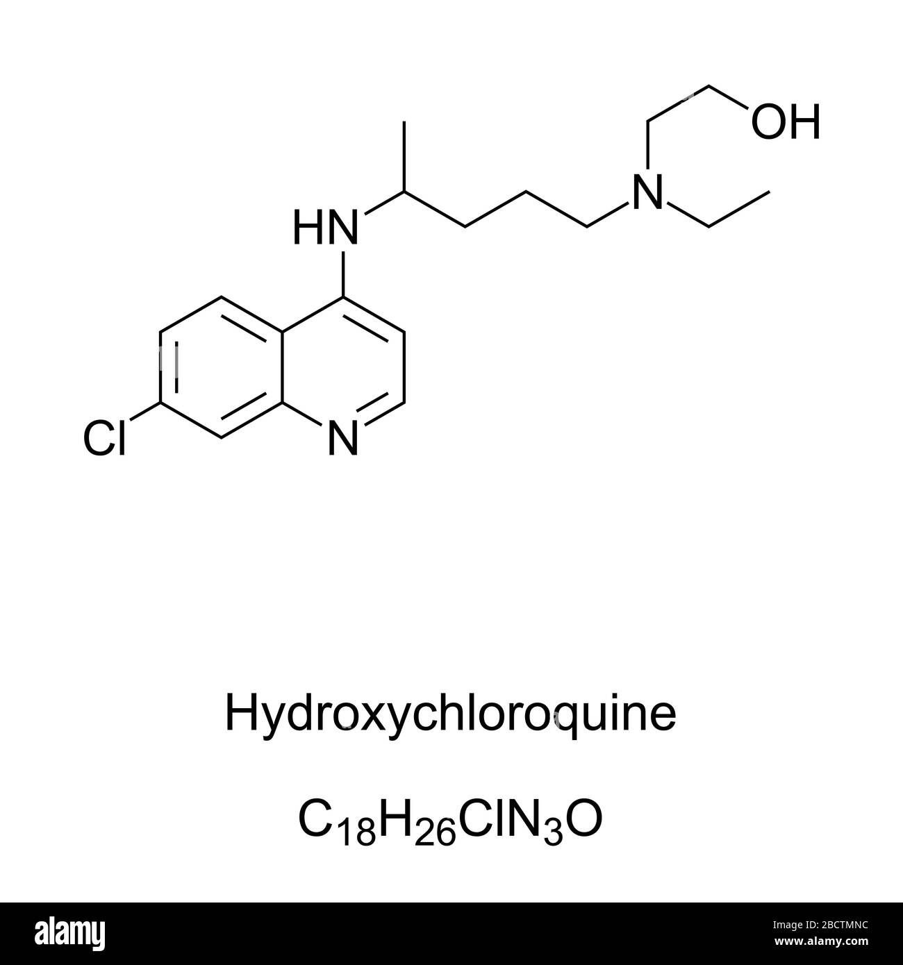 Hydroxychloroquin, Formel und Struktur. HCQ ist ein Medikament, das hauptsächlich zur Vorbeugung und Behandlung von Malaria verwendet wird. Wird auch zur Behandlung von COVID-19 untersucht. Stockfoto