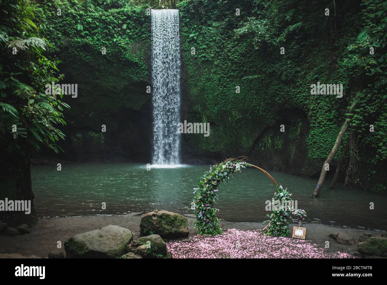 Runder bronzener Hochzeitsbogen mit pinkfarbenen Rosen und Grüns. Ungewöhnlicher Ort für die Zeremonie in der Nähe eines kleinen Wasserfalls im Dschungel. Tibumana, Bali, Ubud. Stockfoto