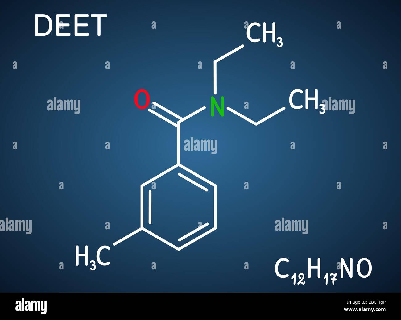 DEET, Diethyltoluamid, N,N-Diethyl-Meta-Toluamid, C12H17NO-Molekül. Es ist Wirkstoff in Insektenschutzmitteln. Strukturelle chemische Formel auf der TH Stock Vektor