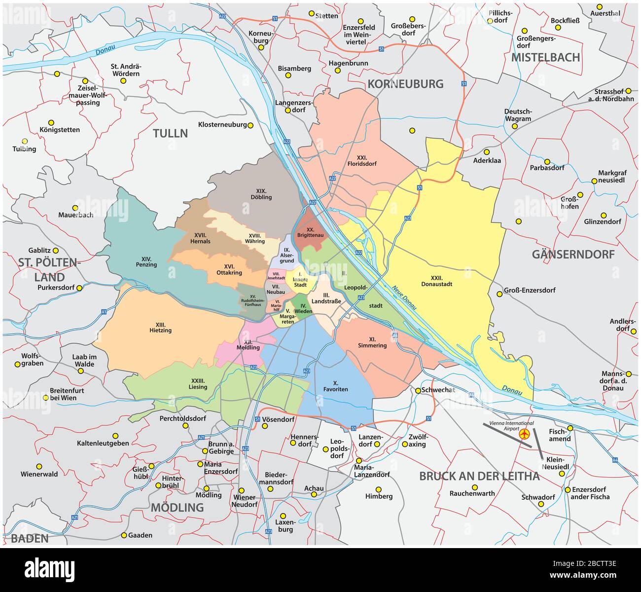 Straßen- und Verwaltungsvektorkarte der Stadt wien und ihrer umliegenden Gemeinden Stock Vektor